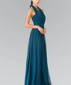 Long V-Neck Chiffon Halter Dress By Elizabeth K GL2362