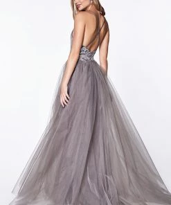 Applique Long V-Neck Dress By Cinderella Divine CD0128