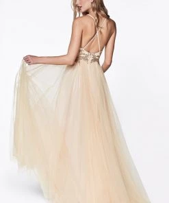 Applique Long V-Neck Dress By Cinderella Divine CD0128