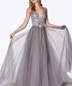 Applique Long V-Neck Dress By Cinderella Divine CD0128