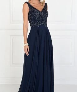 Prom Long V-Neck Dress With Beaded Bodice By Elizabeth K GL1567