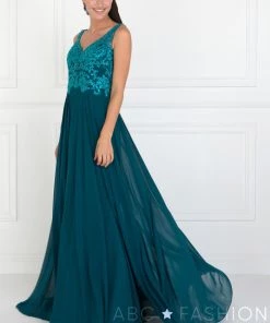 Prom Long V-Neck Dress With Beaded Bodice By Elizabeth K GL1567