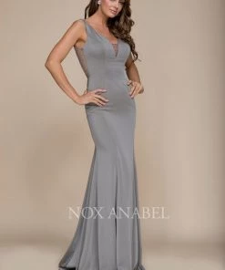 Long V-Neck Dress With Beaded Illusion Back By Nox Anabel C001