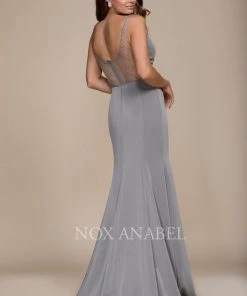 Long V-Neck Dress With Beaded Illusion Back By Nox Anabel C001