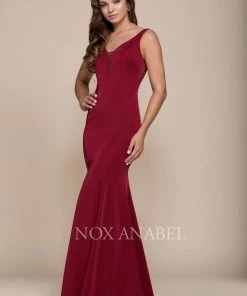 Long V-Neck Dress With Beaded Illusion Back By Nox Anabel C001