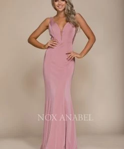 Long V-Neck Dress With Beaded Illusion Back By Nox Anabel C001