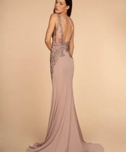 Long V-Neck Dress With Embroidered Bodice By Elizabeth K GL2614 Prom