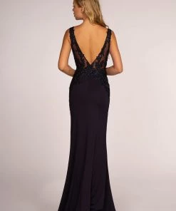 Long V-Neck Dress With Embroidered Bodice By Elizabeth K GL2614 Prom