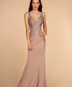 Long V-Neck Dress With Embroidered Bodice By Elizabeth K GL2614 Prom