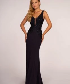 Long V-Neck Dress With Embroidered Bodice By Elizabeth K GL2614 Prom