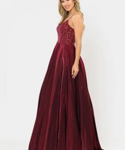 Long V-Neck Dress With Embroidered Bodice By Poly USA 8576 Prom