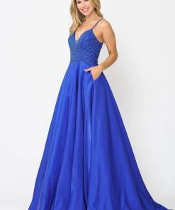 Long V-Neck Dress With Embroidered Bodice By Poly USA 8576 Prom