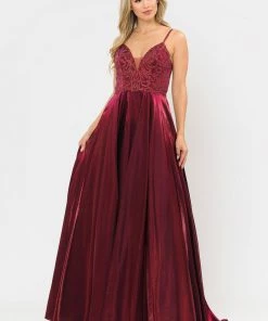 Long V-Neck Dress With Embroidered Bodice By Poly USA 8576 Prom