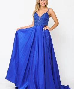 Long V-Neck Dress With Embroidered Bodice By Poly USA 8576 Prom