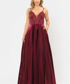Long V-Neck Dress With Embroidered Bodice By Poly USA 8576 Prom