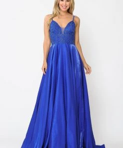 Long V-Neck Dress With Embroidered Bodice By Poly USA 8576 Prom