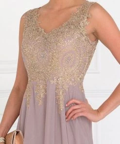 Applique Long V-Neck Dress By Elizabeth K GL2311