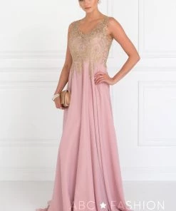 Applique Long V-Neck Dress By Elizabeth K GL2311