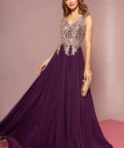 Applique Long V-Neck Dress By Elizabeth K GL2311