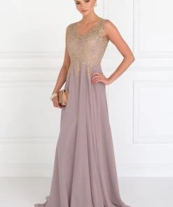 Applique Long V-Neck Dress By Elizabeth K GL2311