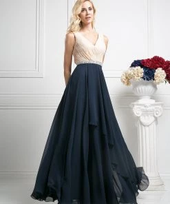 Prom Pleated Long V-Neck Dress By Cinderella Divine 1968