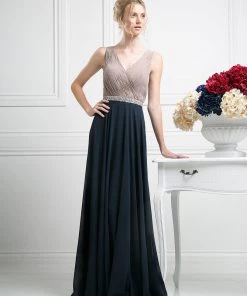 Prom Pleated Long V-Neck Dress By Cinderella Divine 1968