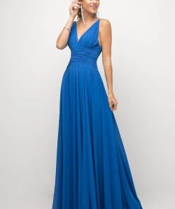 Ruched Long V-Neck Dress By Cinderella Divine UF295