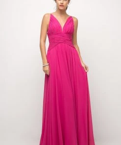 Ruched Long V-Neck Dress By Cinderella Divine UF295