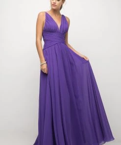 Ruched Long V-Neck Dress By Cinderella Divine UF295