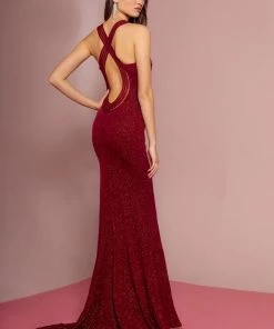Long V-Neck Glitter Dress With Back Cut Out By Elizabeth K GL2704 Prom