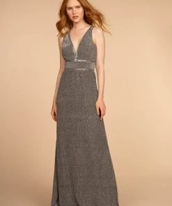 Prom Long V-Neck Glitter Dress With Beaded Waistbands By Elizabeth K GL2503