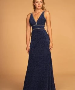 Prom Long V-Neck Glitter Dress With Beaded Waistbands By Elizabeth K GL2503