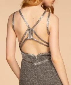 Prom Long V-Neck Glitter Dress With Beaded Waistbands By Elizabeth K GL2503