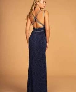 Prom Long V-Neck Glitter Dress With Beaded Waistbands By Elizabeth K GL2503