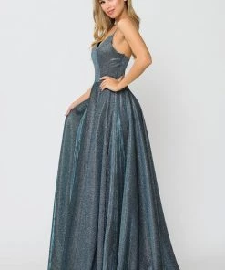 Long V-Neck Glitter Dress With Corset Back By Poly USA 8556