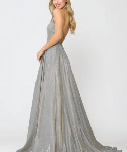 Long V-Neck Glitter Dress With Corset Back By Poly USA 8556