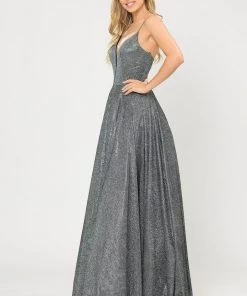 Long V-Neck Glitter Dress With Corset Back By Poly USA 8556
