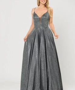 Long V-Neck Glitter Dress With Corset Back By Poly USA 8556