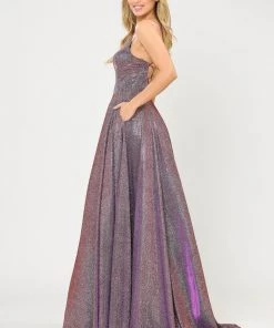Long V-Neck Glitter Dress With Corset Back By Poly USA 8556