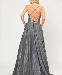 Long V-Neck Glitter Dress With Corset Back By Poly USA 8556