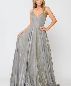 Long V-Neck Glitter Dress With Corset Back By Poly USA 8556