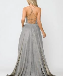 Long V-Neck Glitter Dress With Corset Back By Poly USA 8556