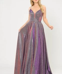 Long V-Neck Glitter Dress With Corset Back By Poly USA 8556