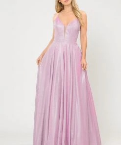 Long V-Neck Glitter Dress With Corset Back By Poly USA 8556