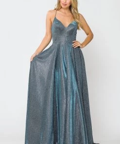 Long V-Neck Glitter Dress With Corset Back By Poly USA 8556