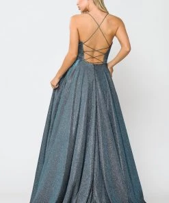Long V-Neck Glitter Dress With Corset Back By Poly USA 8556