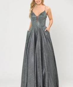 Long V-Neck Glitter Dress With Corset Back By Poly USA 8556