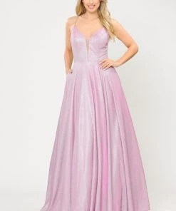 Long V-Neck Glitter Dress With Corset Back By Poly USA 8556