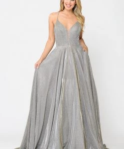 Long V-Neck Glitter Dress With Corset Back By Poly USA 8556