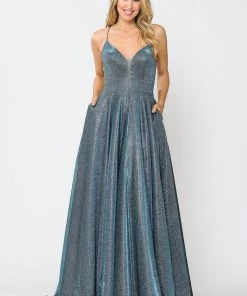 Long V-Neck Glitter Dress With Corset Back By Poly USA 8556